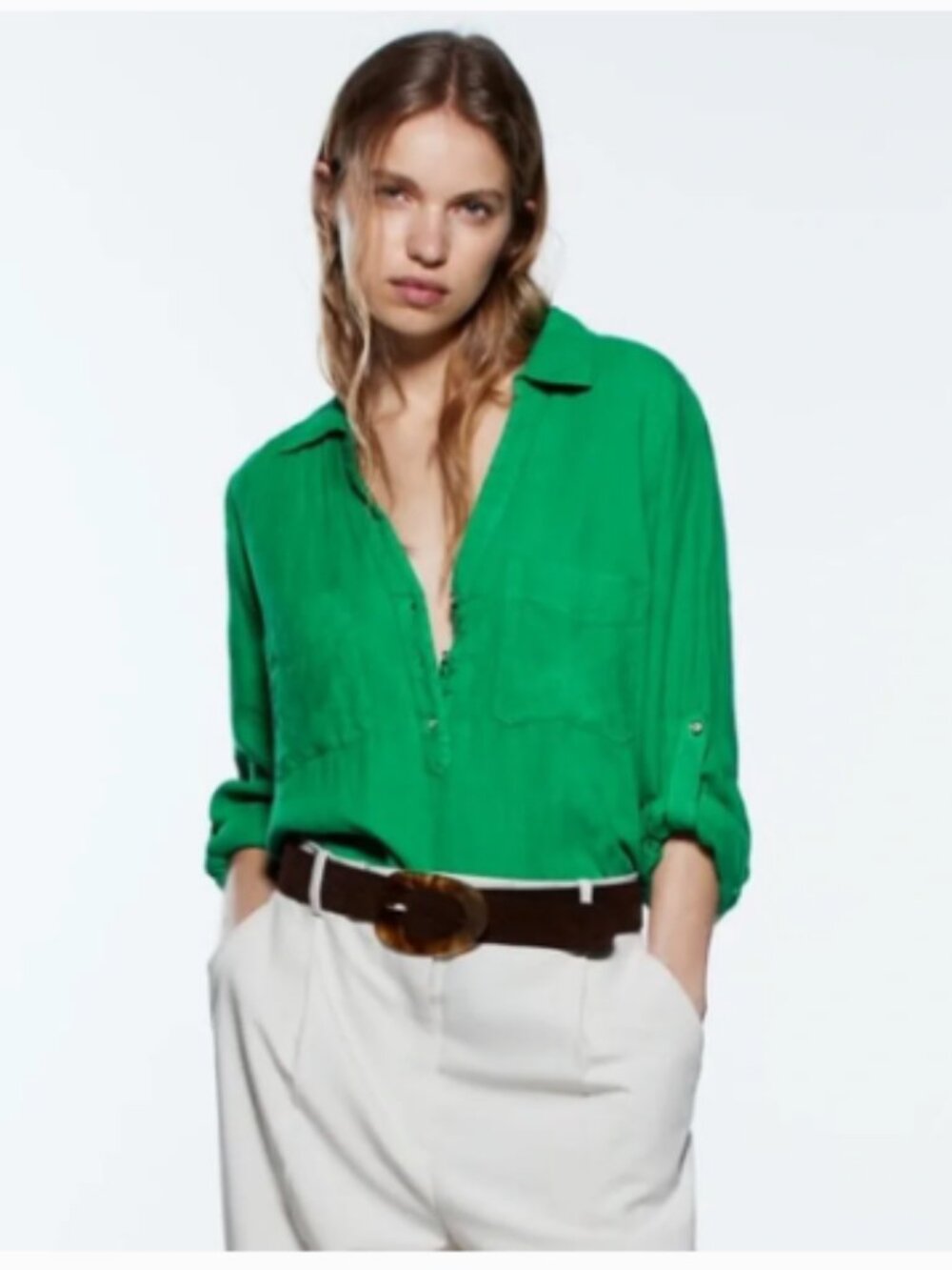 Zara Emerald Green Button-Front Tunic Shirt